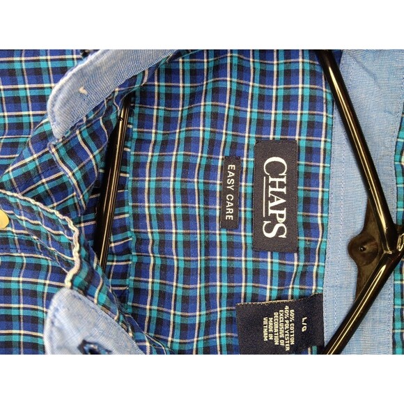 Large Mens Chaps Easy Care Blue Plaid Long Sleeve Button Up Shirt - Picture 3 of 6